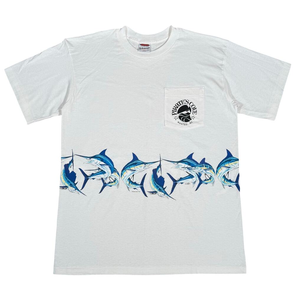 Vintage Wraparound Pirates Cove Manteo NC 1995 Shirt White Marlin Fish USA Large